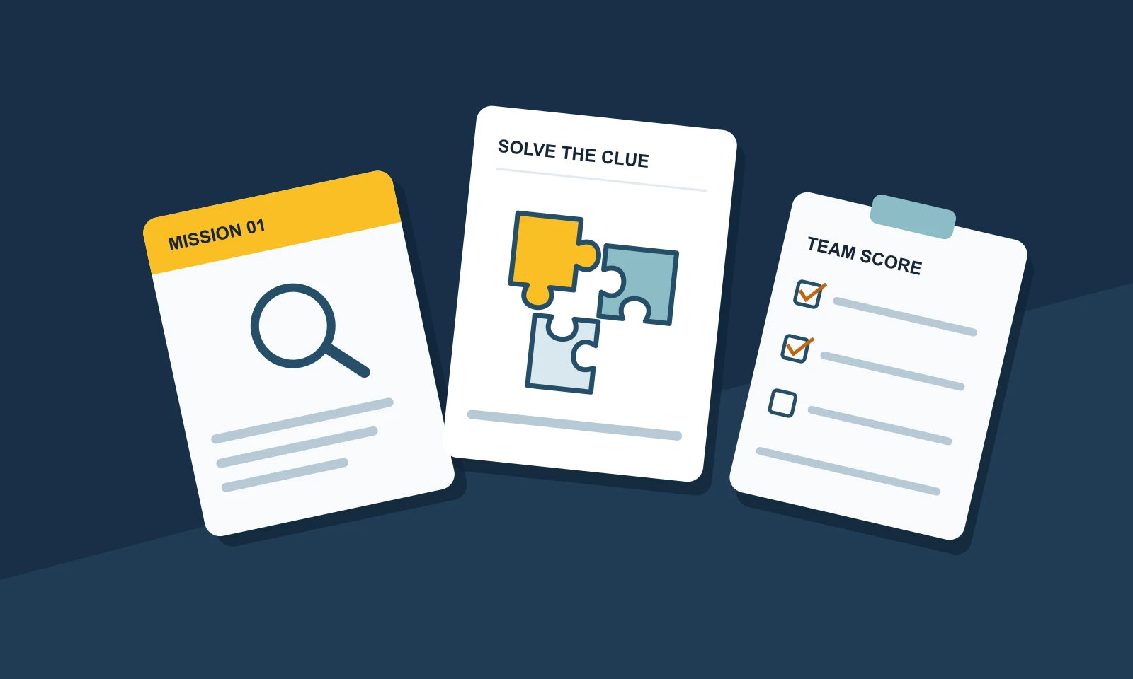 Illustration of clue cards, a puzzle and a team score sheet